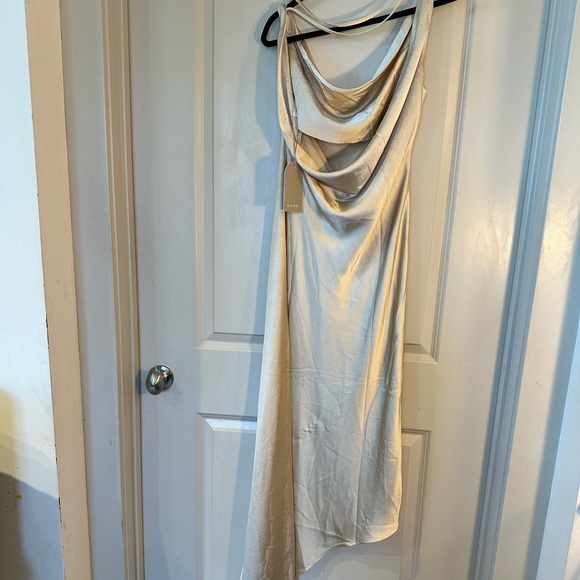 NEW Meshki Gold Satin Asymmetrical Draped Low Back Maxi Slip Dress, Size S & L - Picture 4 of 13